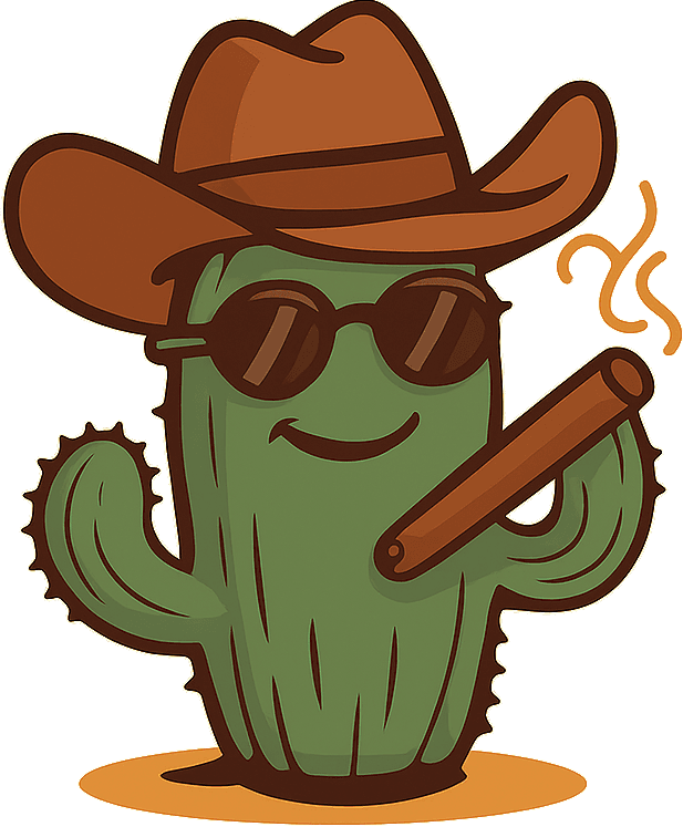 The Smokin' Cactus mascot: a cactus in a cowboy hat and sunglasses